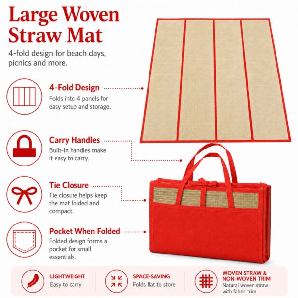 Wholesale Large Foldable Straw Beach Yoga Mat 47 X 70 In 4-Fold Carry Handles Red