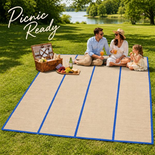 Wholesale Large Foldable Straw Beach Yoga Mat 47 X 70 In 4-Fold Carry Handles Blue