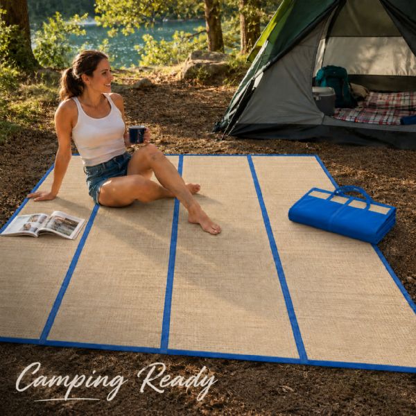 Wholesale Large Foldable Straw Beach Yoga Mat 47 X 70 In 4-Fold Carry Handles Blue