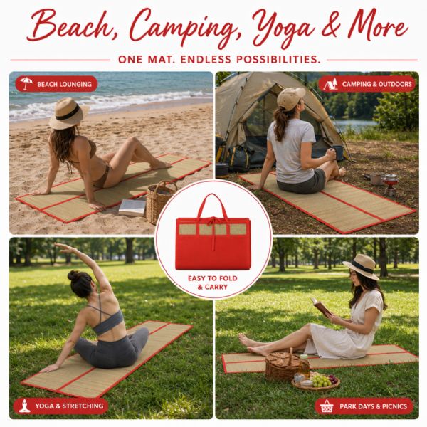 Wholesale Foldable Straw Beach Mat 24 X 72 In Portable Carry Handles Red