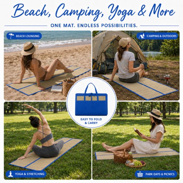 Wholesale Foldable Straw Beach Mat 24 X 72 In Portable Carry Handles Blue