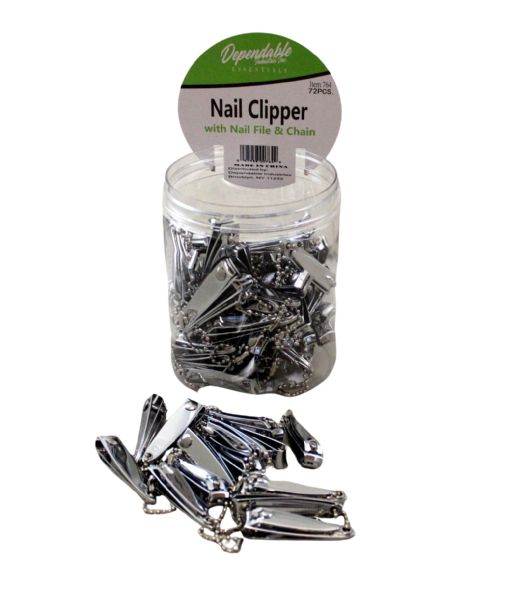 Wholesale 72 Stainless Steel Nail Clippers With FolD-Out File & Keychain In Plastic Screw Top Jar