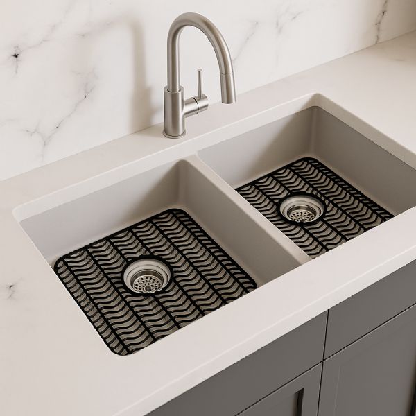2 Pack Plastic Sink Protector Mat With Center Drain Cutout Black 11"x12"