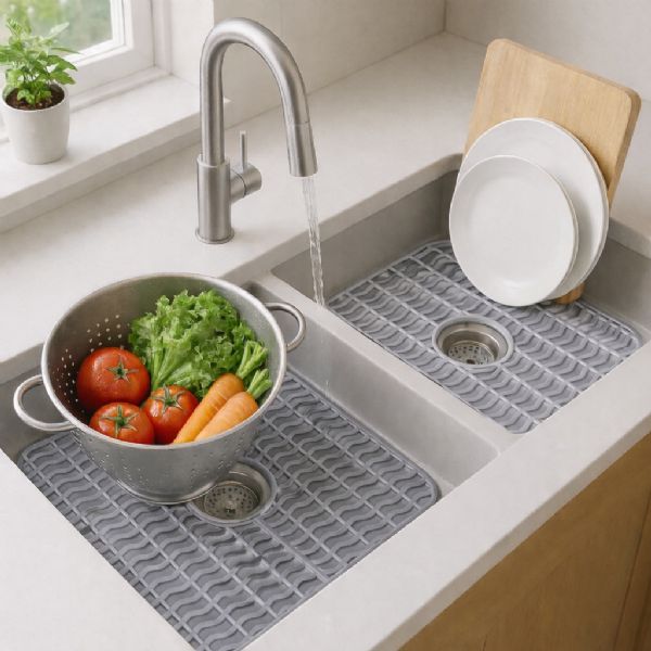 Wholesale 2 Pack Plastic Sink Protector Mat With Center Drain Cutout Gray 11"x12"