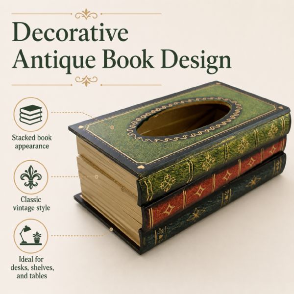 Wholesale Antique Book Style Tissue Holder With Decorative Stacked Books Design