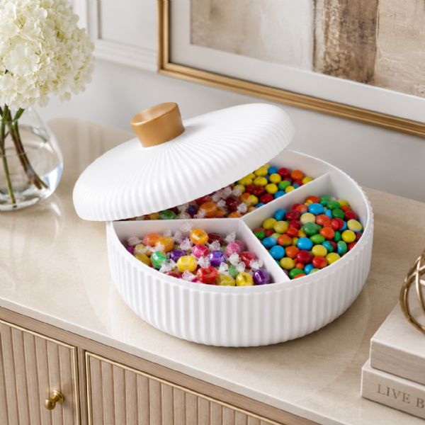 3-Section Ribbed Divided Serving Dish With Lid