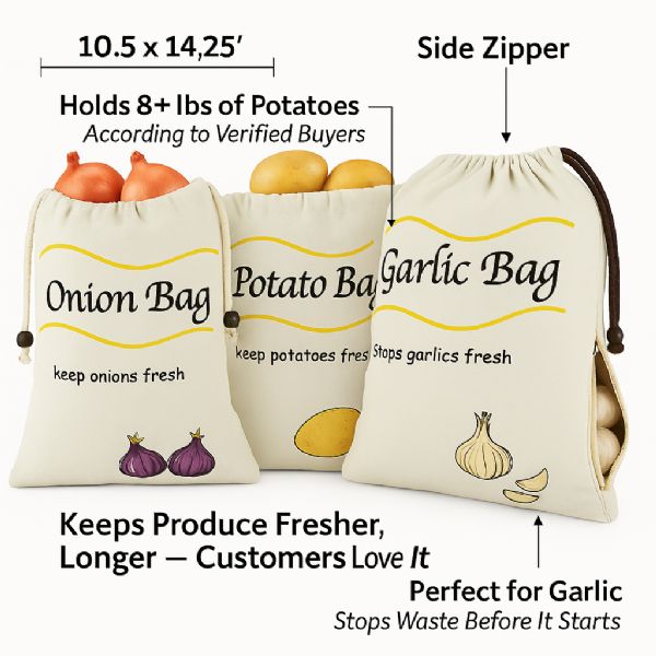 Wholesale 3 Pack Onion, Potato And Garlic Storage Bags - Reusable Produce Saver With Blackout Lining, Drawstring And Side Zipper