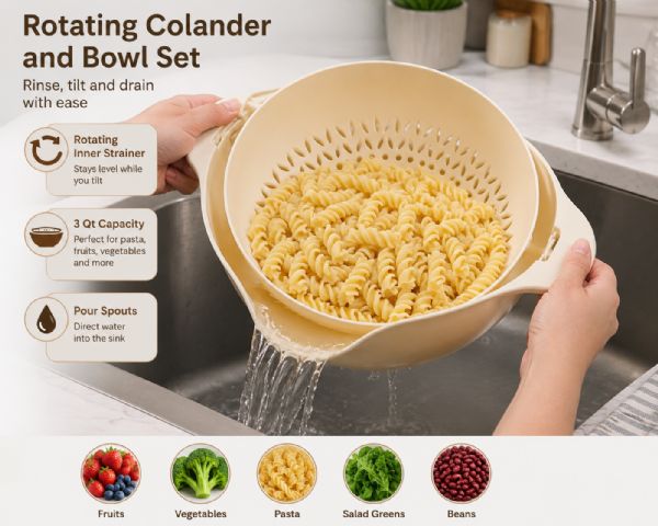 3 Qt Rotating Colander Bowl Set With Handles And Pour Spouts