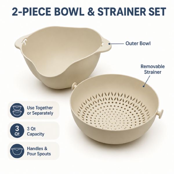 3 Qt Rotating Colander Bowl Set With Handles And Pour Spouts