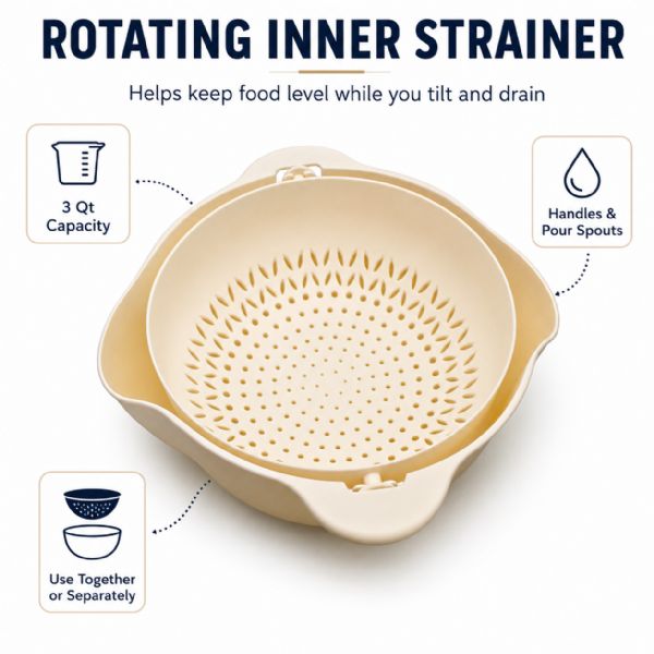 3 Qt Rotating Colander Bowl Set With Handles And Pour Spouts