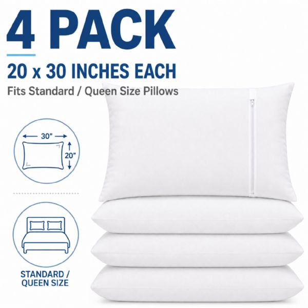 4 Pack Waterproof Zippered Pillow Protectors, Standard/queen 20 X 30 Inch
