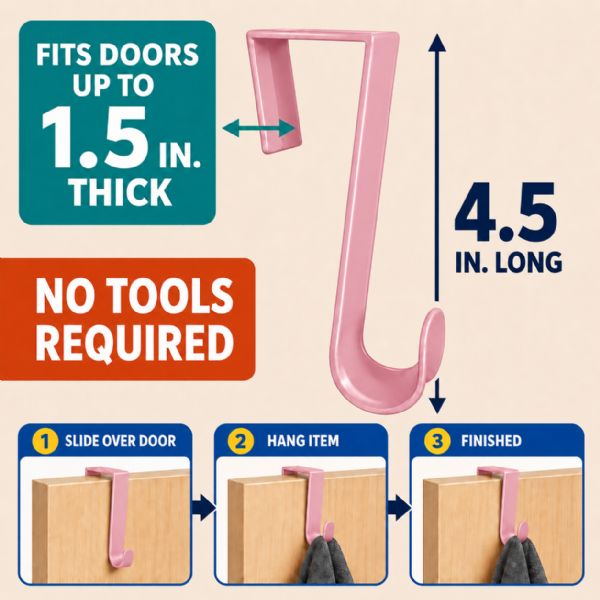 Wholesale 4-Pack Plastic Over The Door Hooks Pink