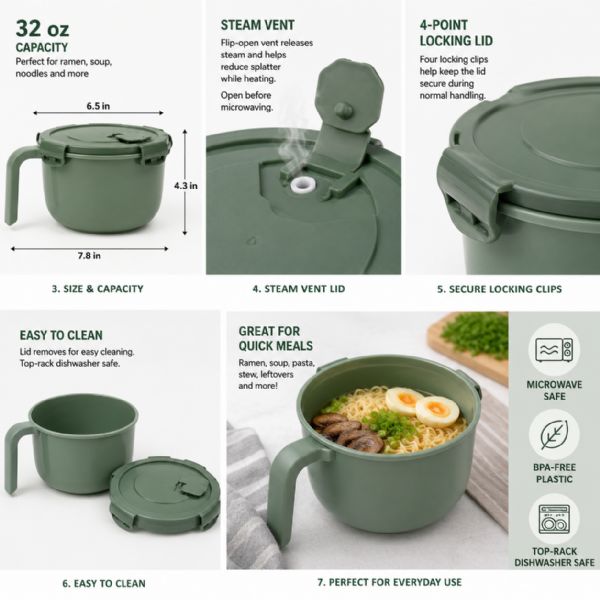 Microwave Soup And Stew Maker Mug Noodles Steamer Ramen Oatmeal With Steam Vent And Splash Cover BpA-Free (1000ml)