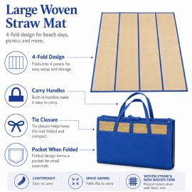 Wholesale Large Foldable Straw Beach Yoga Mat 47 X 70 In 4-Fold Carry Handles Blue