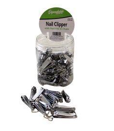 Wholesale 72 Stainless Steel Nail Clippers With FolD-Out File & Keychain In Plastic Screw Top Jar