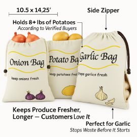 Wholesale 3 Pack Onion, Potato And Garlic Storage Bags - Reusable Produce Saver With Blackout Lining, Drawstring And Side Zipper