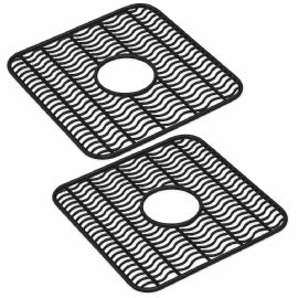 2 Pack Plastic Sink Protector Mat With Center Drain Cutout Black 11"x12"